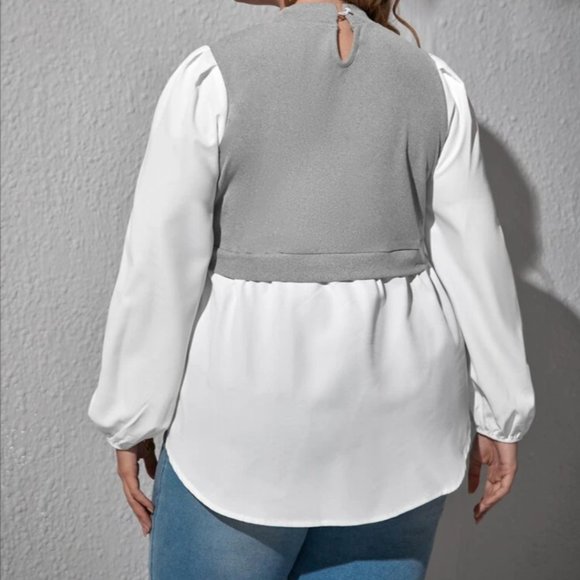 Grey and White Long Sleeve Colorblock Lantern Sleeve Blouse - Picture 2 of 5